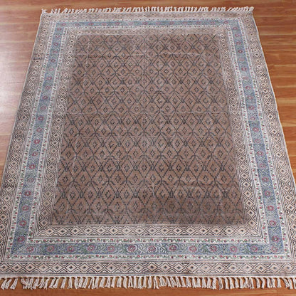 Brown Beige Hand Block Print Work Floral Trendy Bedroom Decor Cotton Rug