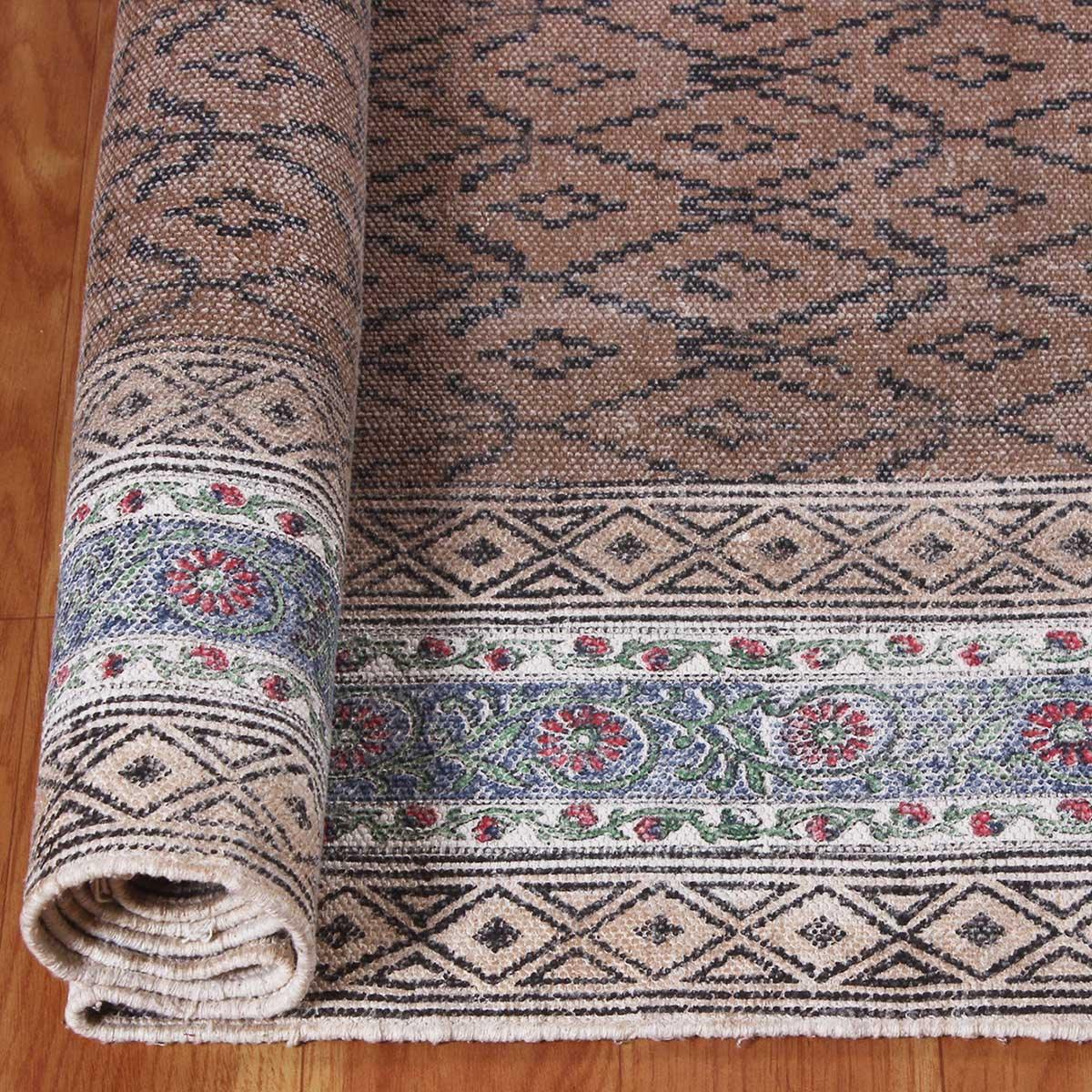 Brown Beige Hand Block Print Work Floral Trendy Bedroom Decor Cotton Rug