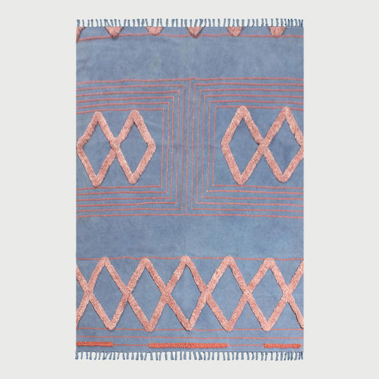 Blue Red Hand Tufted Work Geometric Trendy Farmhouse Cotton  Rug