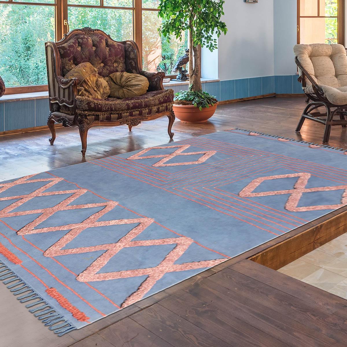 Blue Red Hand Tufted Work Geometric Trendy Farmhouse Cotton  Rug