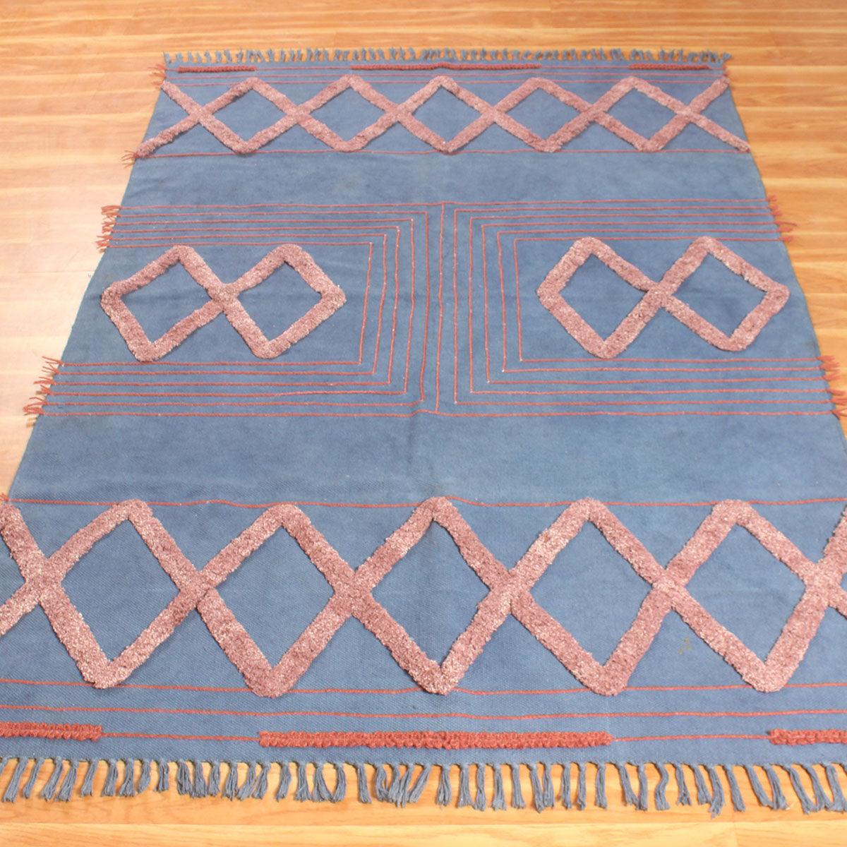 Blue Red Hand Tufted Work Geometric Trendy Farmhouse Cotton  Rug