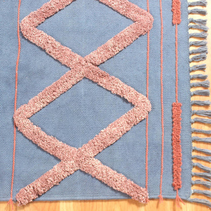 Blue Red Hand Tufted Work Geometric Trendy Farmhouse Cotton  Rug