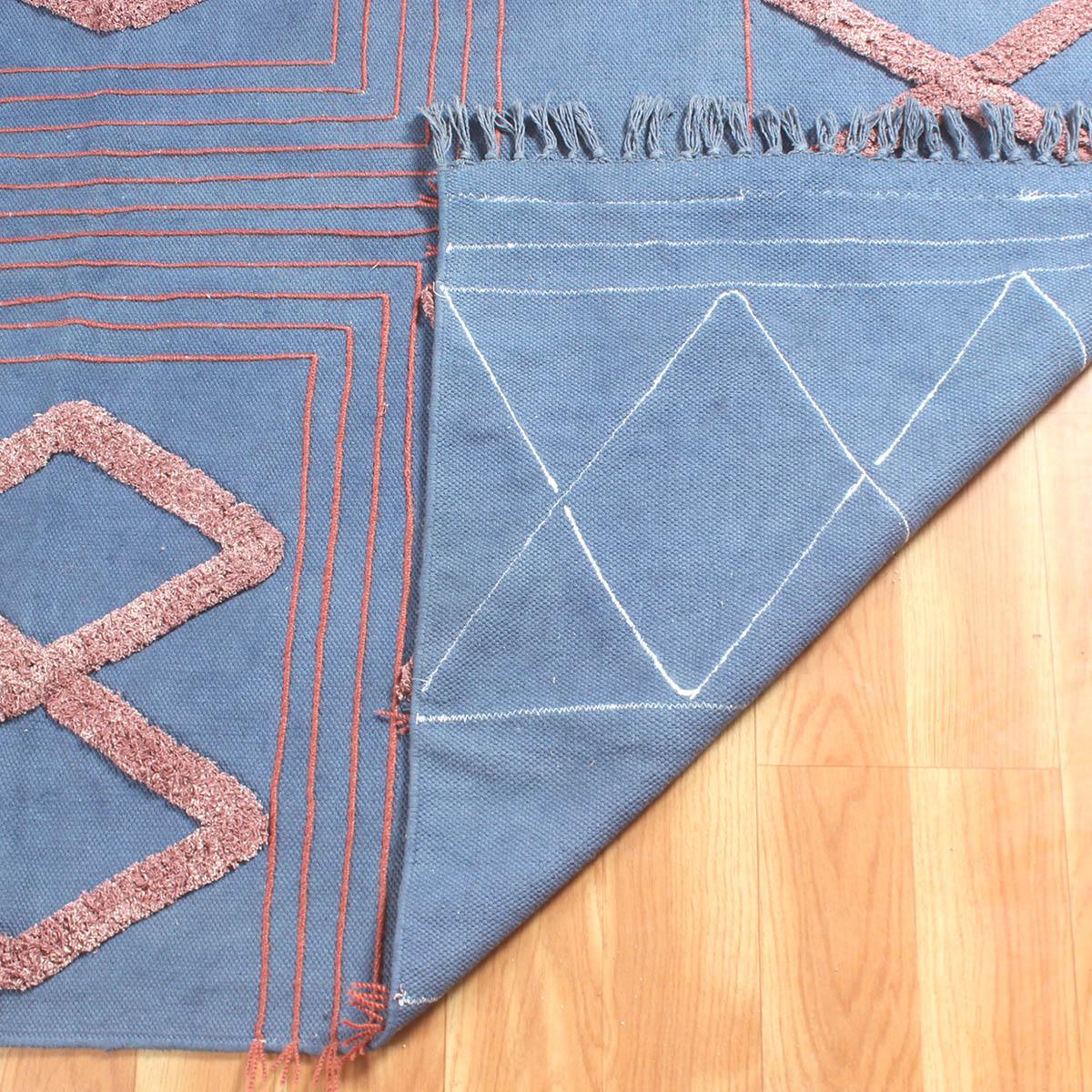 Blue Red Hand Tufted Work Geometric Trendy Farmhouse Cotton  Rug