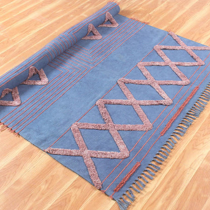 Blue Red Hand Tufted Work Geometric Trendy Farmhouse Cotton  Rug