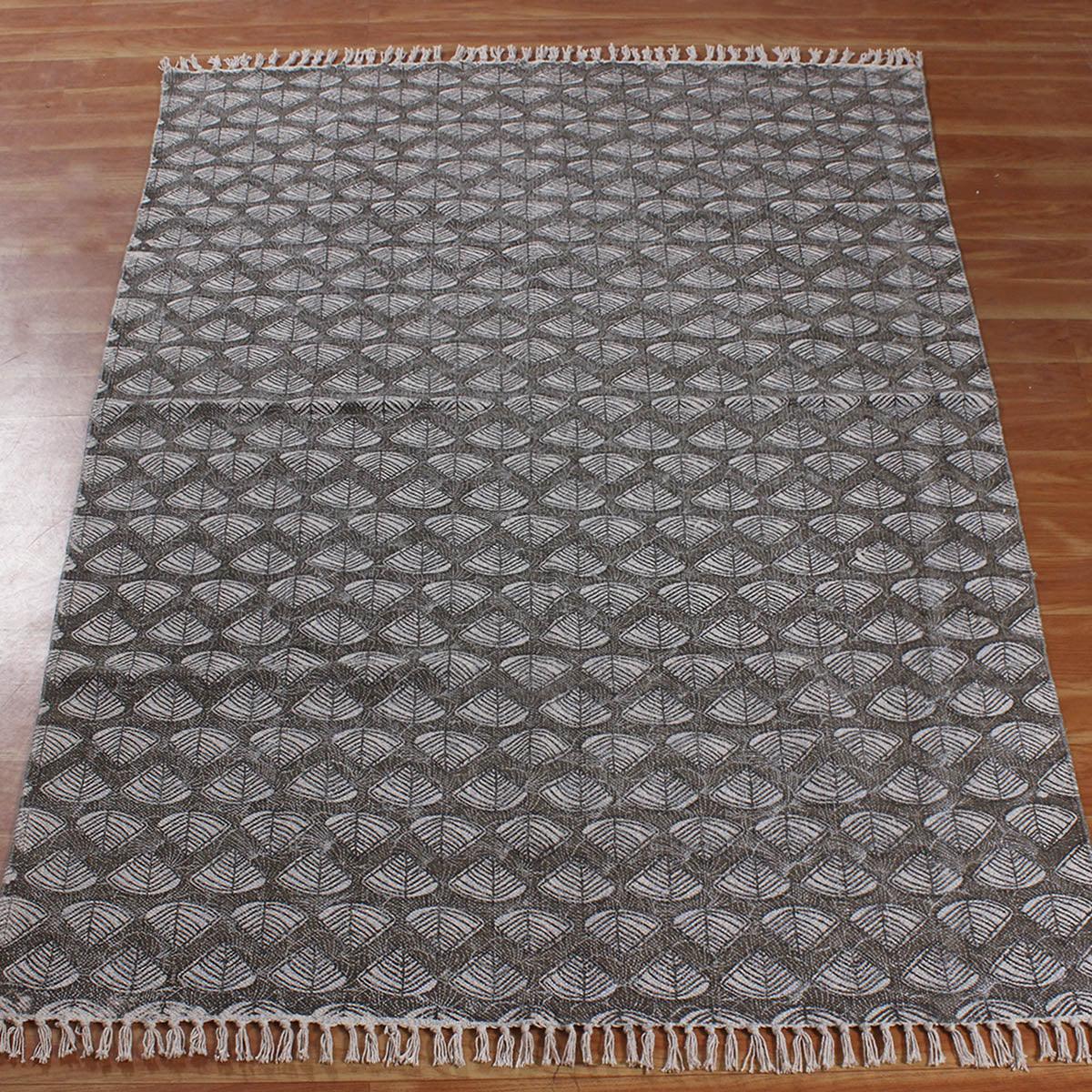 Gray Black Hand Block Print Work Geometric Trendy Bedroom Decor Cotton Rug