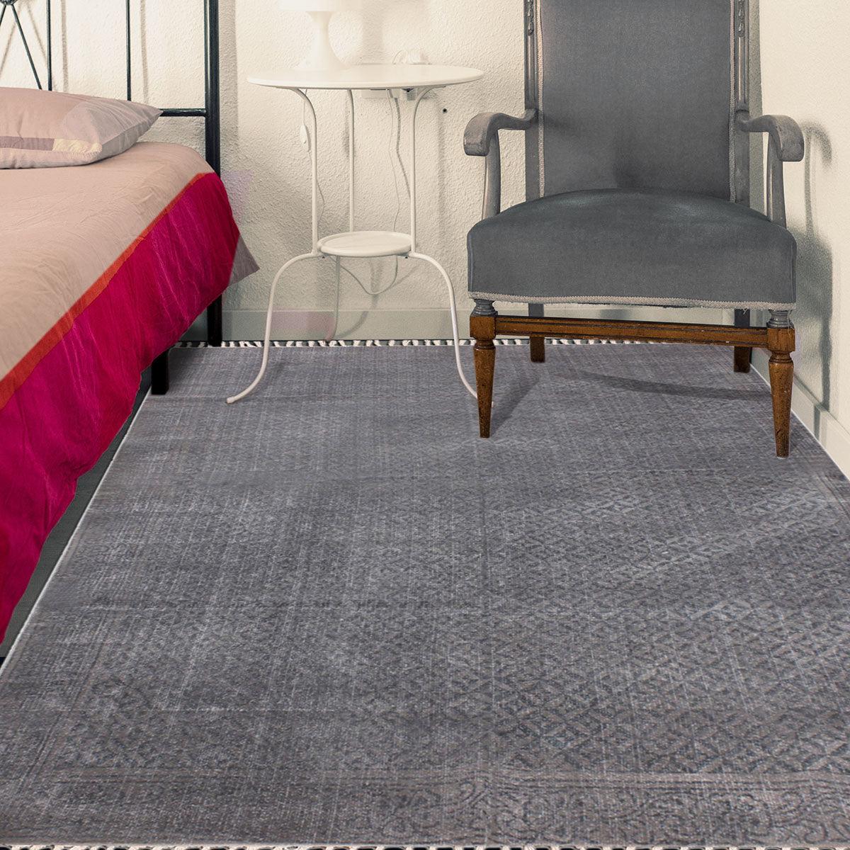 Alfombra de algodón con estampado de bloques a mano en gris y negro, moderna y abstracta para decoración de pasillo