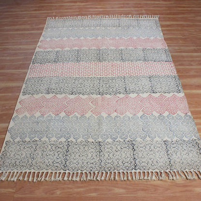 Blue Pink Hand Block Print Work Geometric Trendy Hallway Decor Cotton Rug