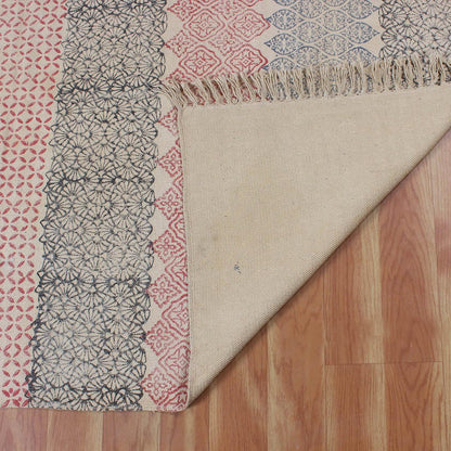 Blue Pink Hand Block Print Work Geometric Trendy Hallway Decor Cotton Rug