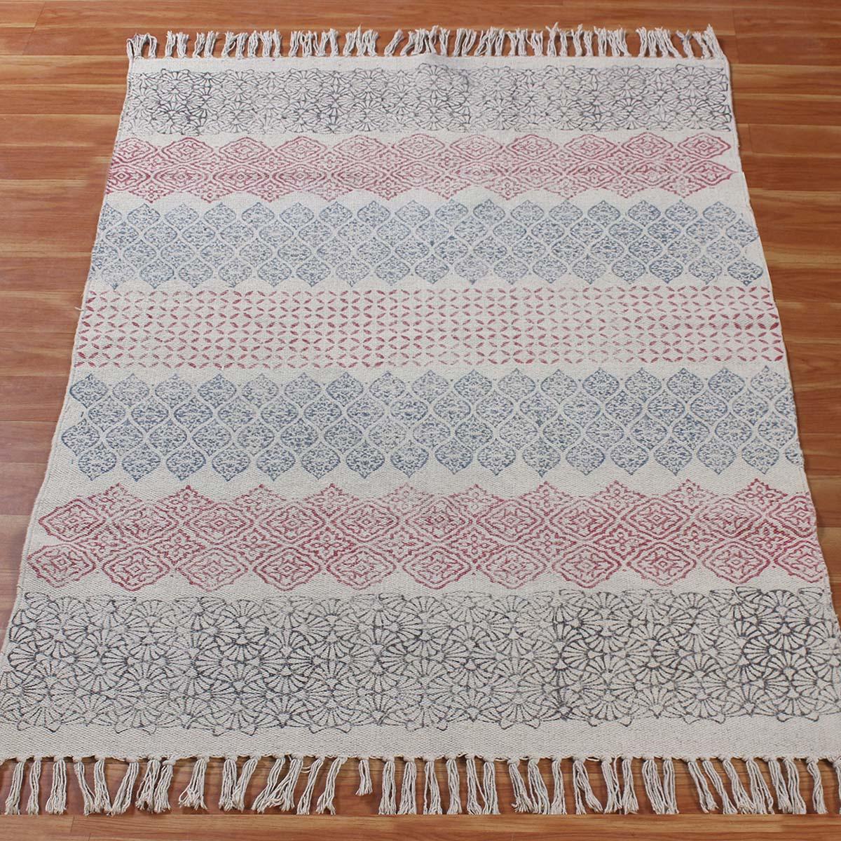 Pink Blue Hand Block Print Work Geometric Trendy Hallway Decor Cotton Rug