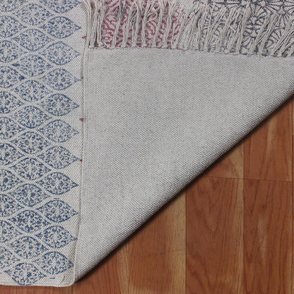 Tappeto di cotone con stampa a blocchi a mano rosa e blu, decorazione geometrica alla moda per il corridoio