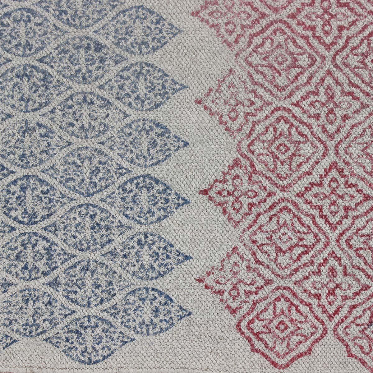 Tappeto di cotone con stampa a blocchi a mano rosa e blu, decorazione geometrica alla moda per il corridoio