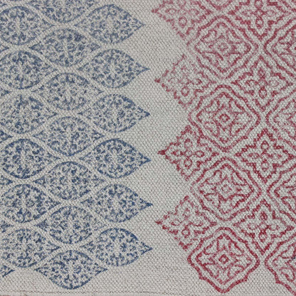 Tappeto di cotone con stampa a blocchi a mano rosa e blu, decorazione geometrica alla moda per il corridoio