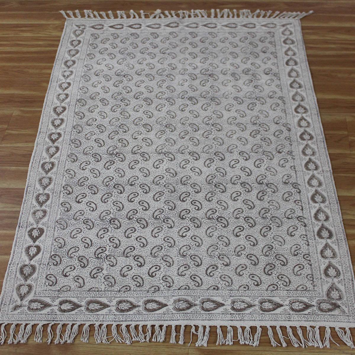 Gray Brown Hand Block Print Work Geometric Trendy Hallway Decor Cotton Rug