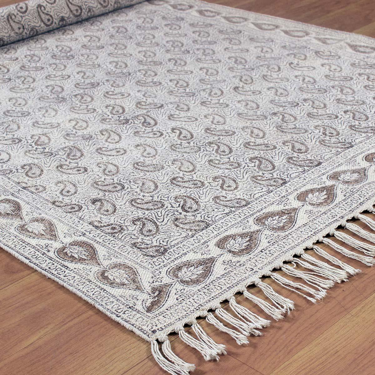 Gray Brown Hand Block Print Work Geometric Trendy Hallway Decor Cotton Rug