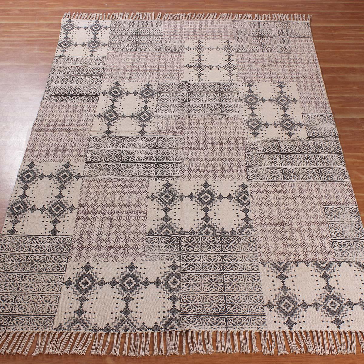 Black Brown Hand Block Print Work Check Trendy Living Area Cotton Rug