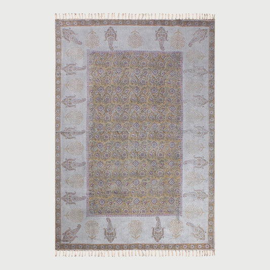 Gray Brown Hand Block Print Work Bordered Trendy Living Area Cotton Rug