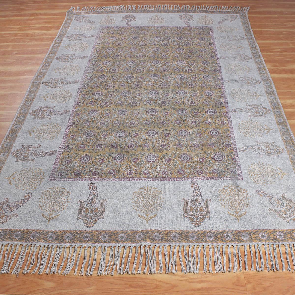 Gray Brown Hand Block Print Work Bordered Trendy Living Area Cotton Rug