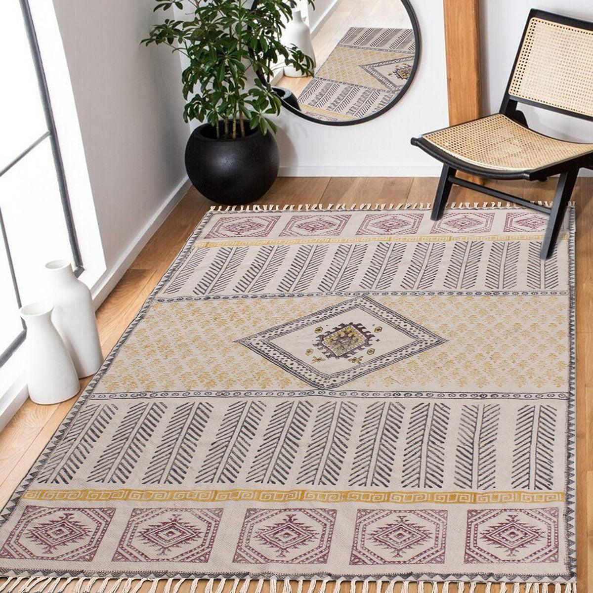 Yellow Black Hand Block Print Work Geometric Trendy Living Area Cotton Rug