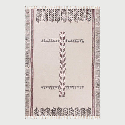 Beige  Brown Hand Block Print Work Geometric Trendy Living Area Cotton Rug