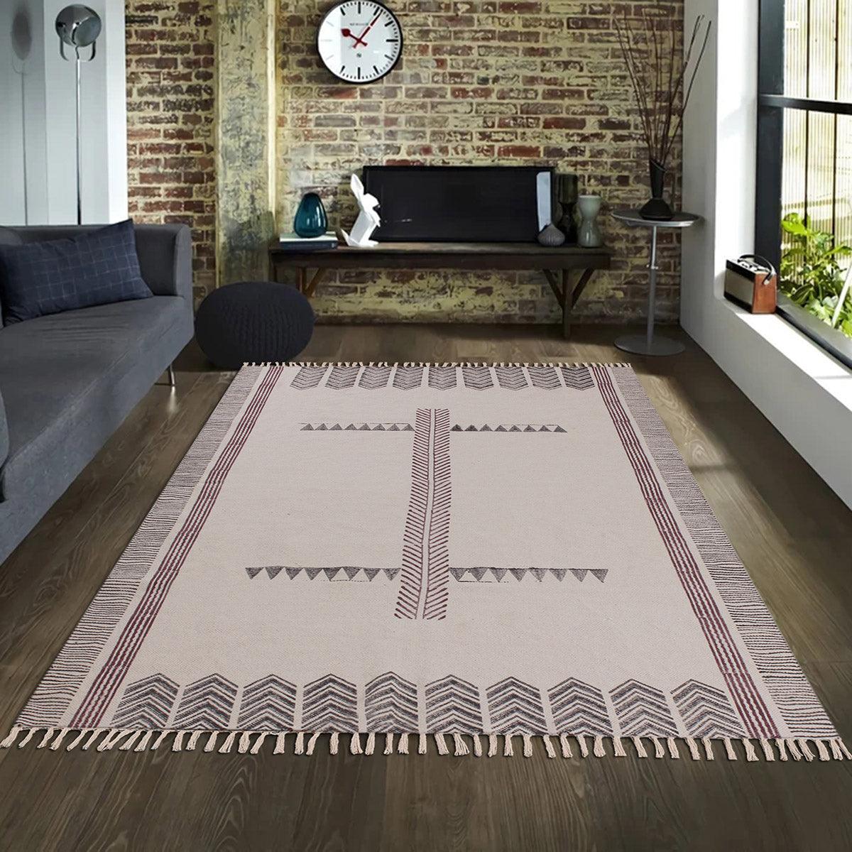 Beige  Brown Hand Block Print Work Geometric Trendy Living Area Cotton Rug