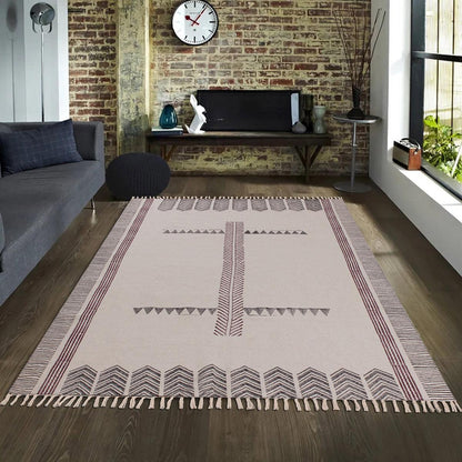 Beige  Brown Hand Block Print Work Geometric Trendy Living Area Cotton Rug