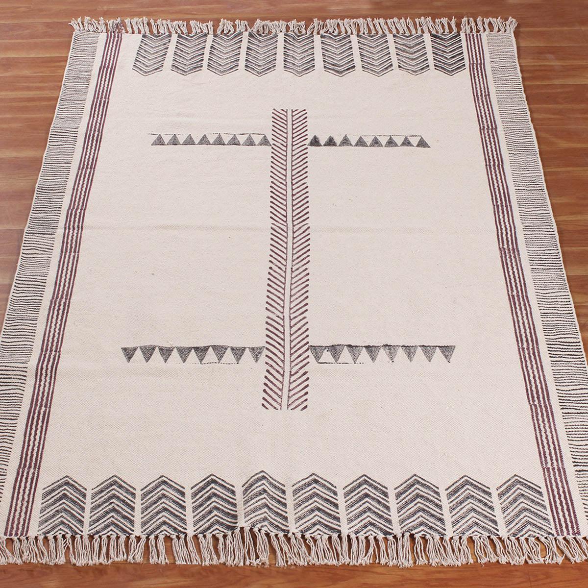 Beige  Brown Hand Block Print Work Geometric Trendy Living Area Cotton Rug