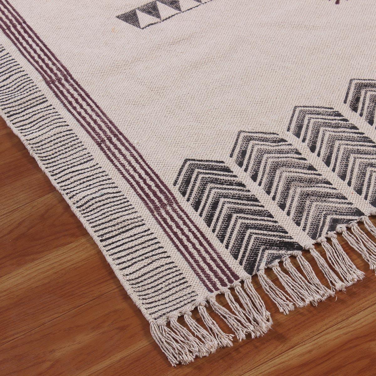 Beige  Brown Hand Block Print Work Geometric Trendy Living Area Cotton Rug