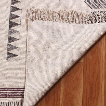 Beige  Brown Hand Block Print Work Geometric Trendy Living Area Cotton Rug