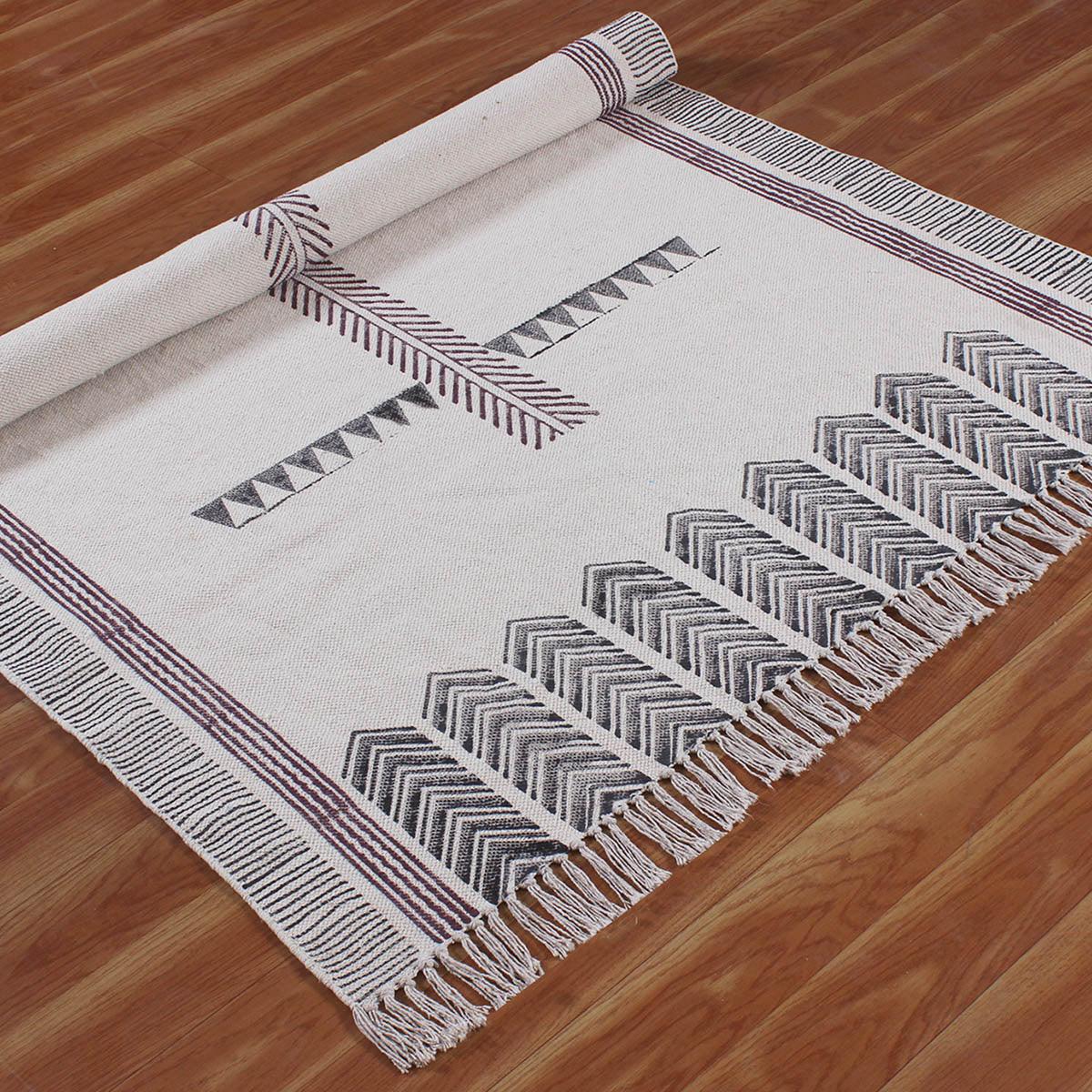 Beige  Brown Hand Block Print Work Geometric Trendy Living Area Cotton Rug