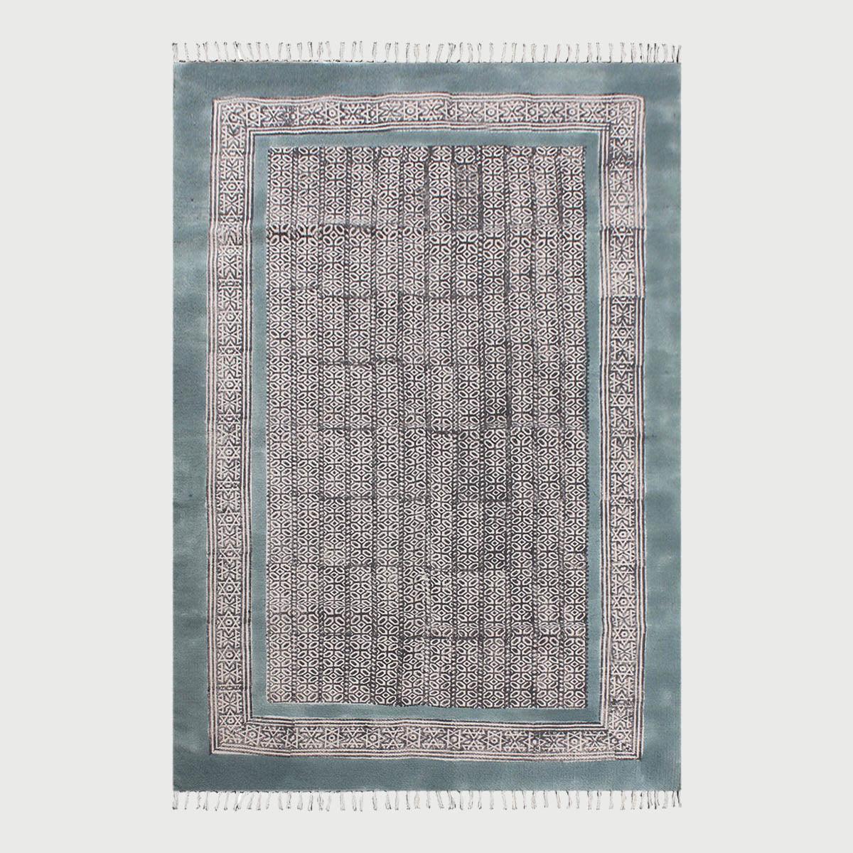 Black Blue Hand Block Print Work Abstract Trendy Living Area Cotton Rug