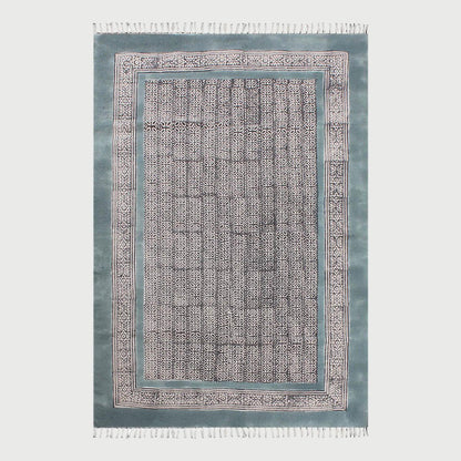 Black Blue Hand Block Print Work Abstract Trendy Living Area Cotton Rug