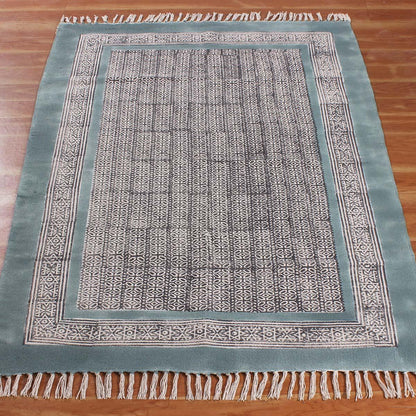 Black Blue Hand Block Print Work Abstract Trendy Living Area Cotton Rug