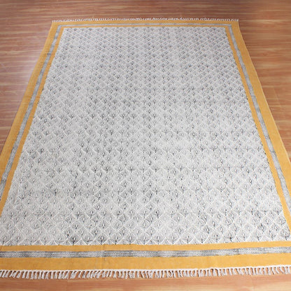 Hand Block Print Work Floral Trendy Living Area Yellow Black Cotton Rug