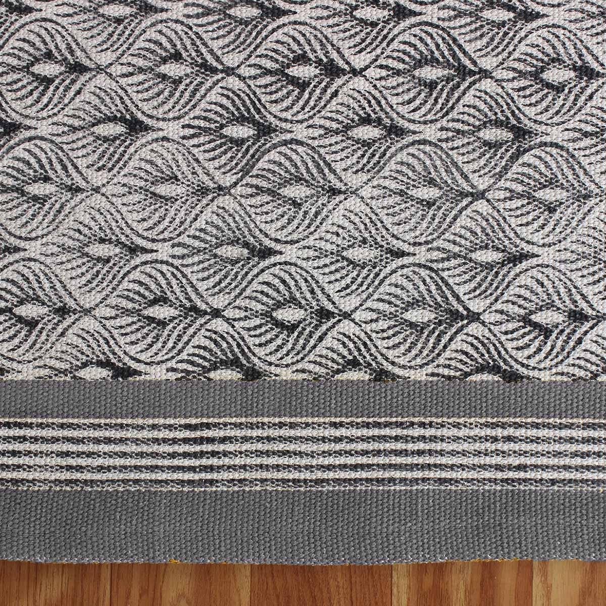 Hand Block Print Work Floral Trendy Living Area Gray Black Cotton Rug