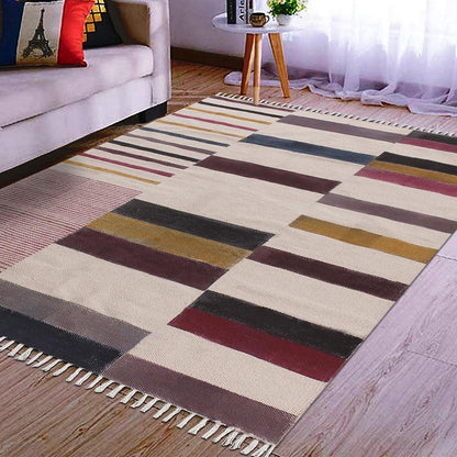 Hand Block Print Work Striped Trendy Living Area Multicolor Cotton Rug