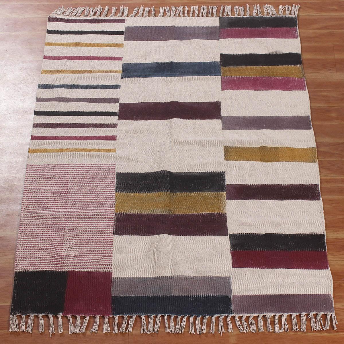 Hand Block Print Work Striped Trendy Living Area Multicolor Cotton Rug