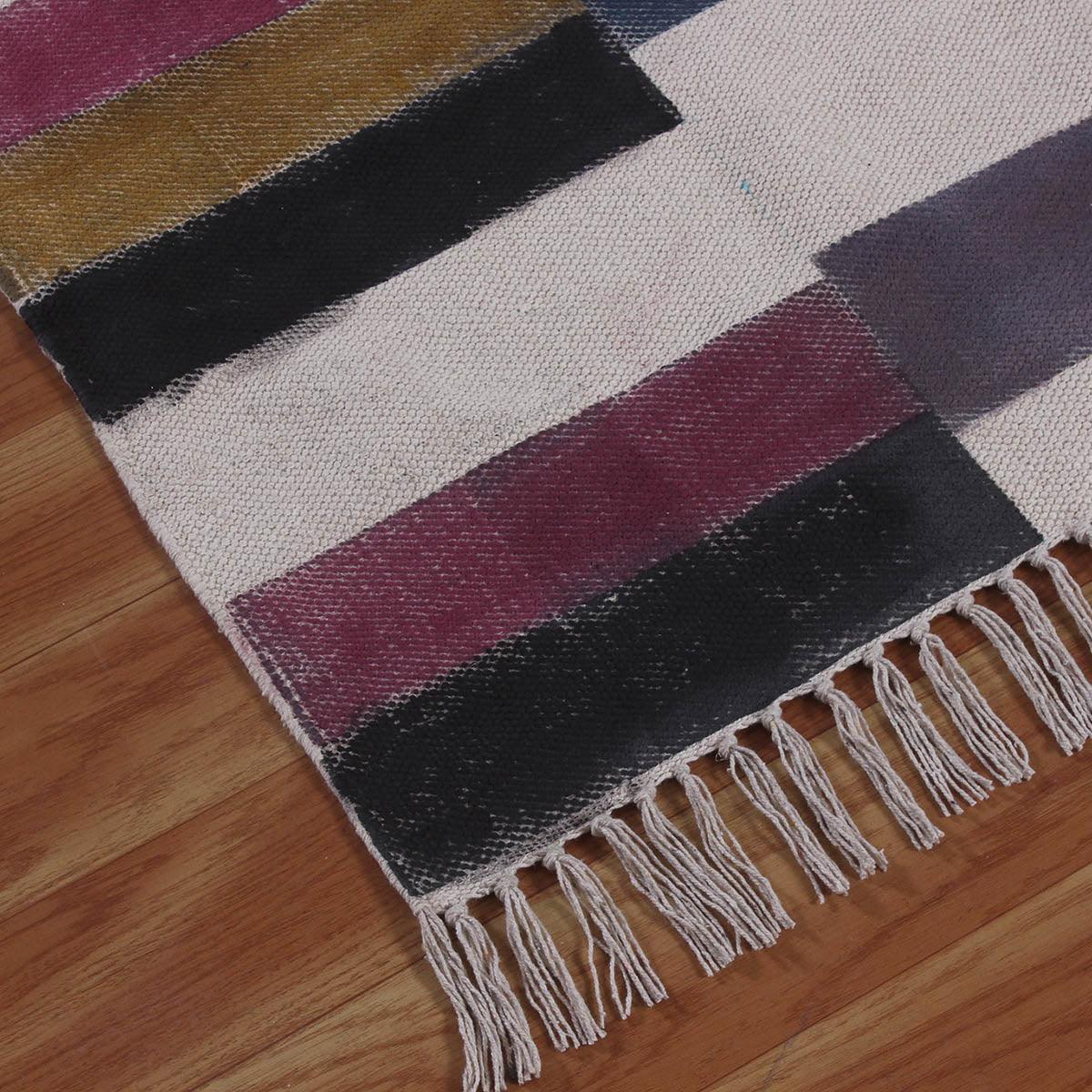 Hand Block Print Work Striped Trendy Living Area Multicolor Cotton Rug