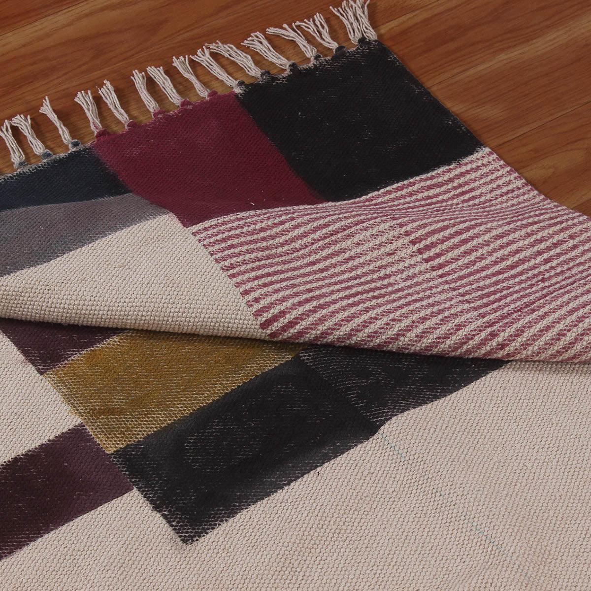 Hand Block Print Work Striped Trendy Living Area Multicolor Cotton Rug