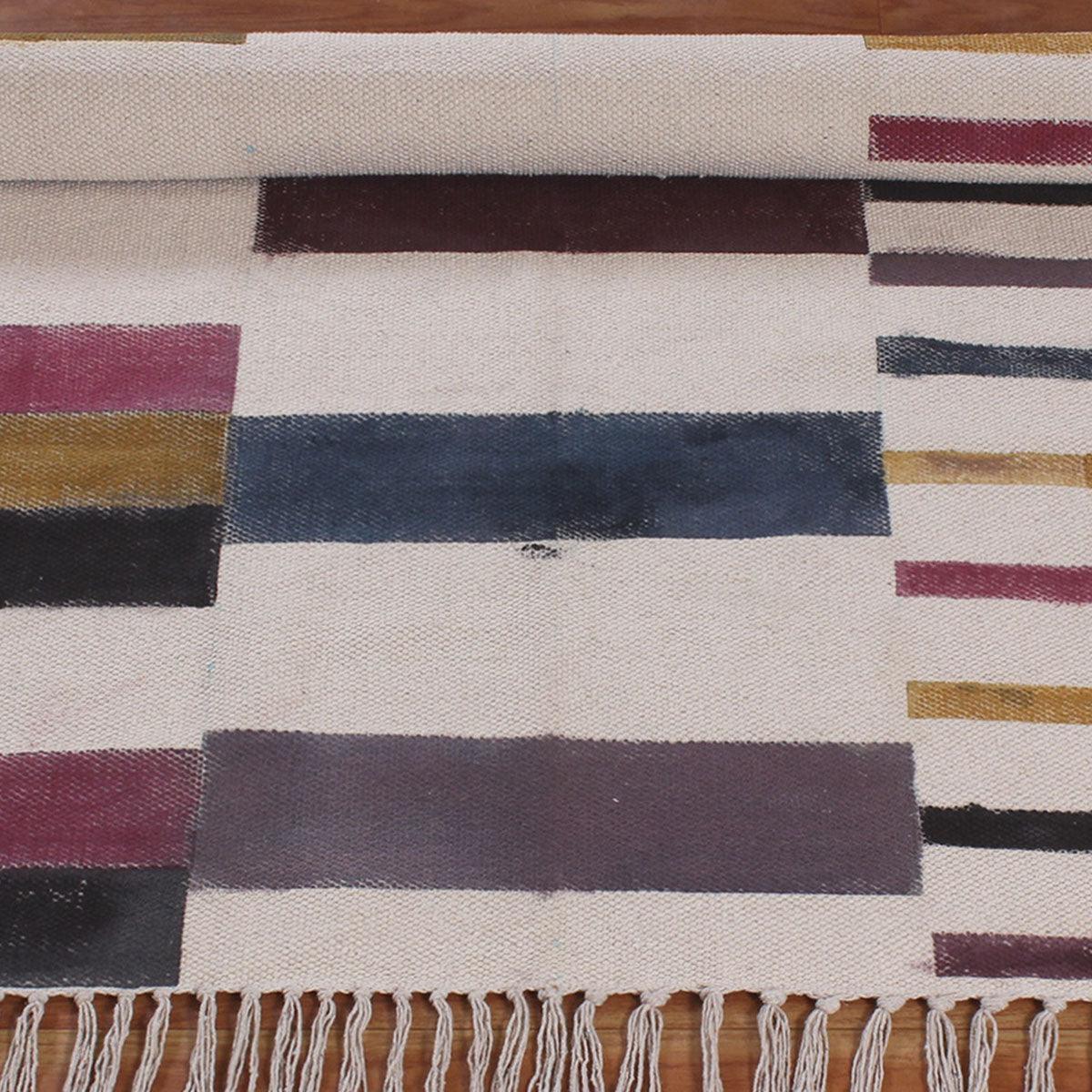 Hand Block Print Work Striped Trendy Living Area Multicolor Cotton Rug