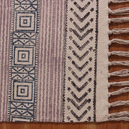 Hand Block Print Work Geometric Trendy Living Area Pink Brown Cotton Rug