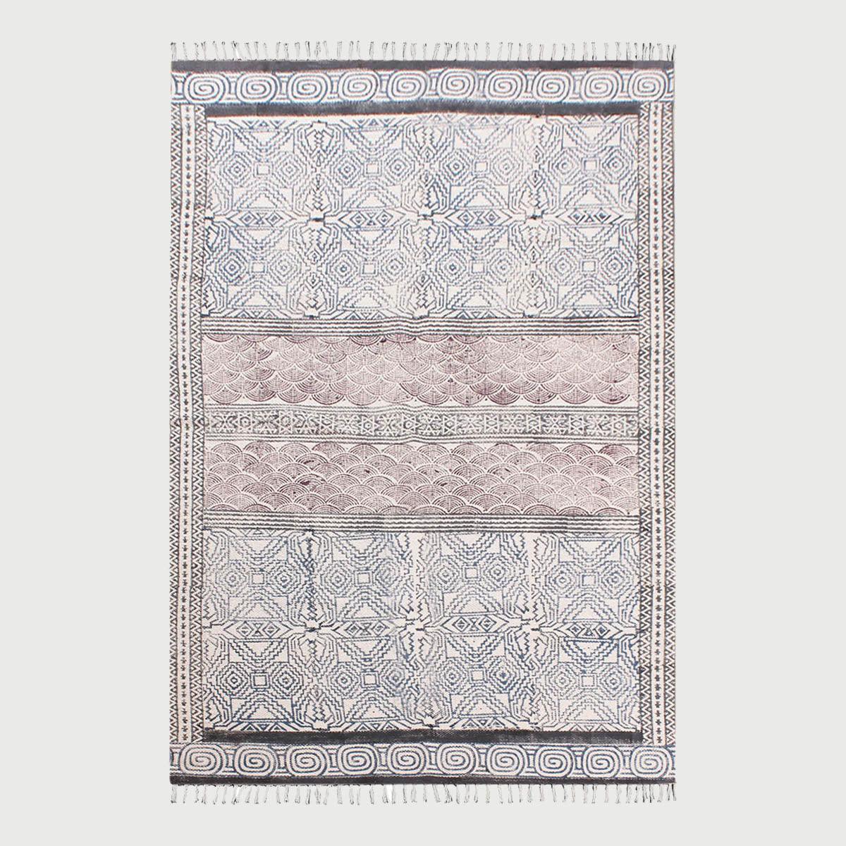 Hand Block Print Work Geometric Trendy Blue Brown Living Area Cotton Rug