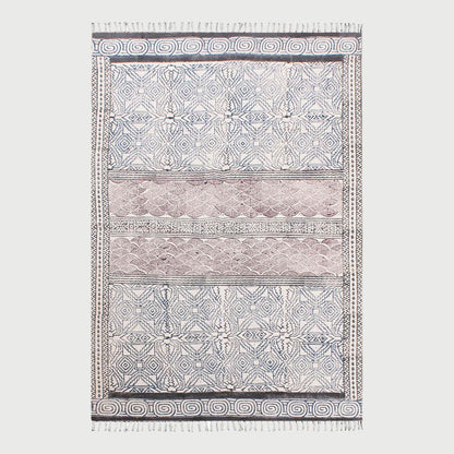 Hand Block Print Work Geometric Trendy Blue Brown Living Area Cotton Rug