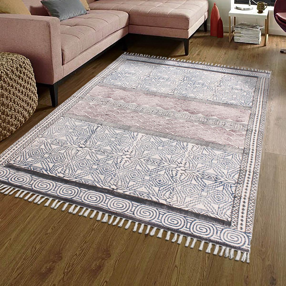 Hand Block Print Work Geometric Trendy Blue Brown Living Area Cotton Rug