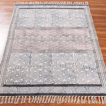 Hand Block Print Work Geometric Trendy Blue Brown Living Area Cotton Rug