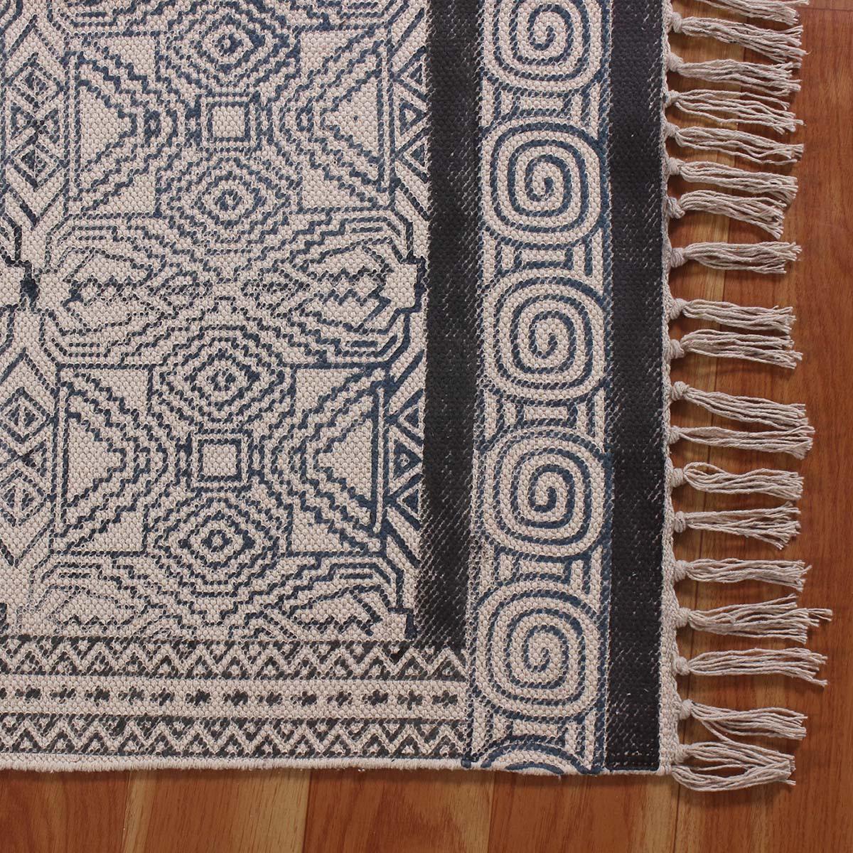 Hand Block Print Work Geometric Trendy Blue Brown Living Area Cotton Rug