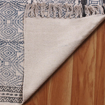 Hand Block Print Work Geometric Trendy Blue Brown Living Area Cotton Rug