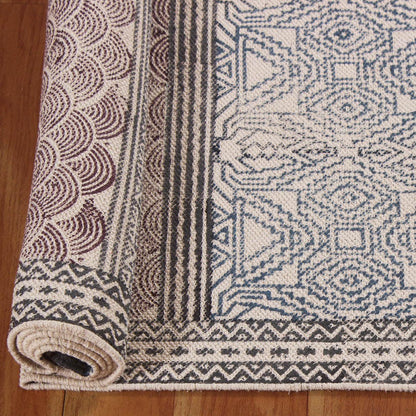 Hand Block Print Work Geometric Trendy Blue Brown Living Area Cotton Rug