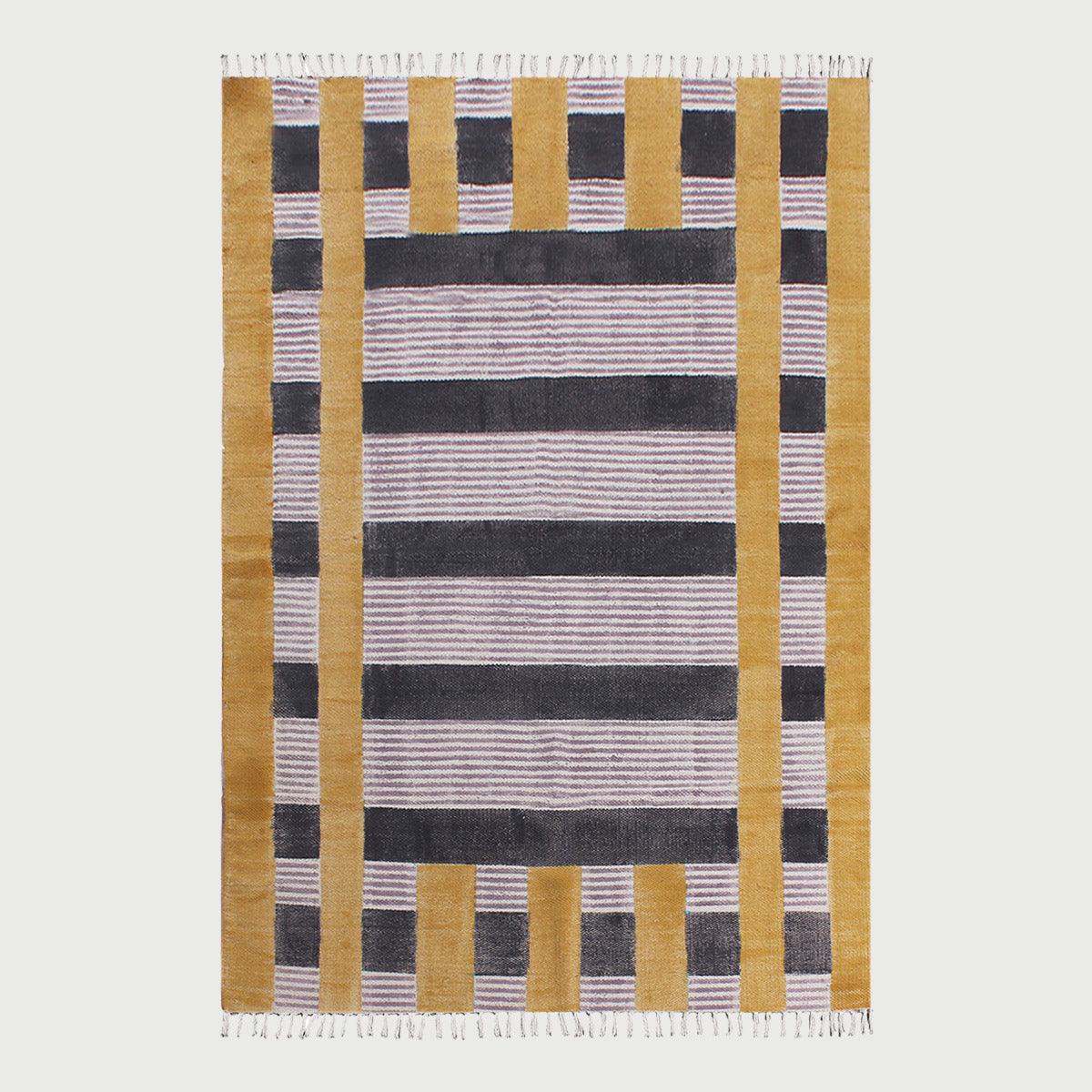 Hand Block Print Work Striped Trendy Yellow Black Living Area Cotton Rug