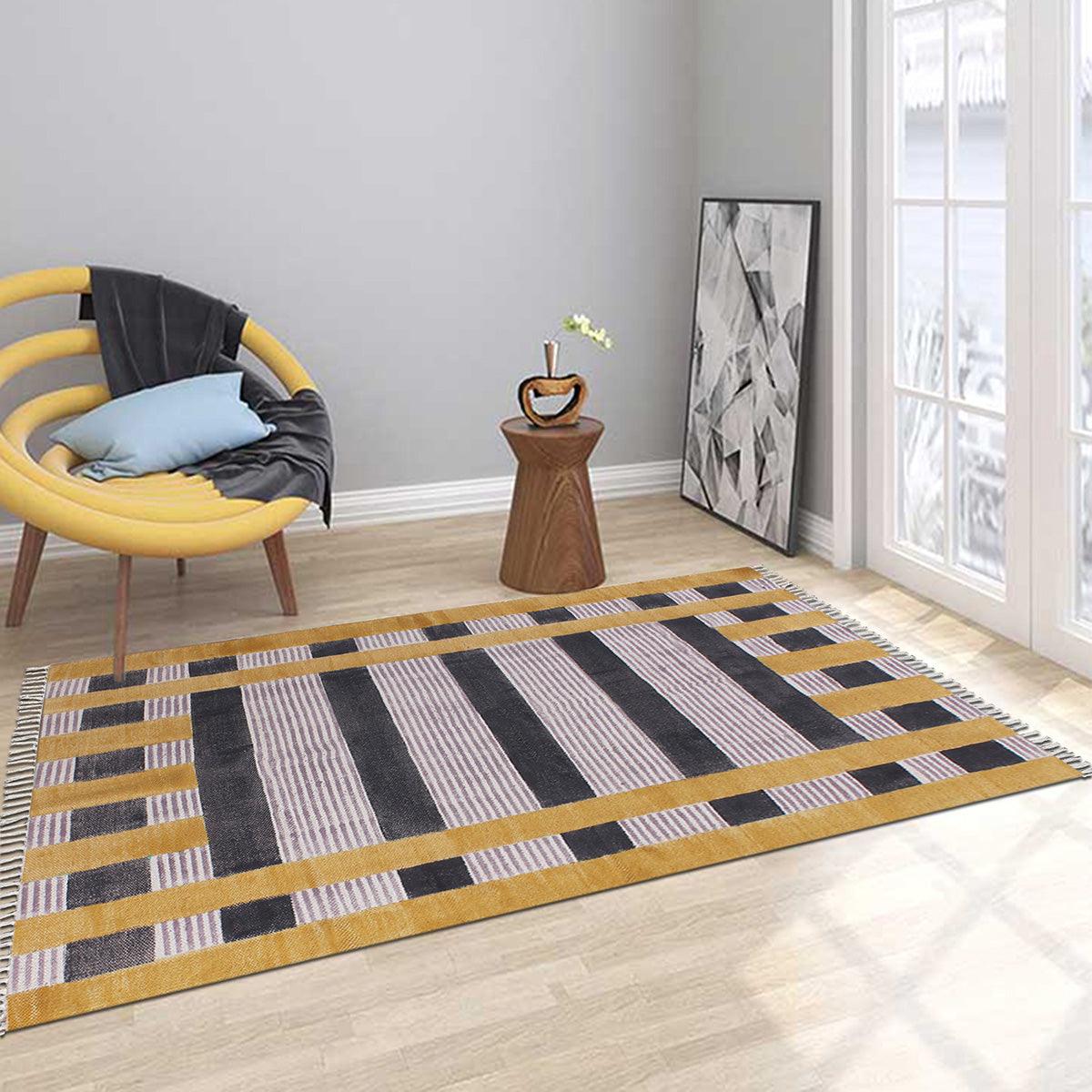 Alfombra de algodón con estampado a mano en bloques, a rayas, moderna, en amarillo y negro para sala de estar