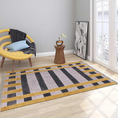 Hand Block Print Work Striped Trendy Yellow Black Living Area Cotton Rug